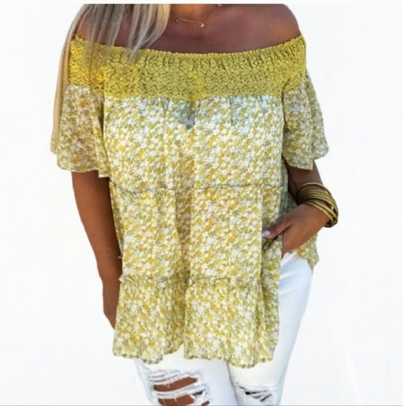 Davi & Dani Blouse Off Shoulder Yellow Floral Tiered Romantic Size 1X - Picture 1 of 8